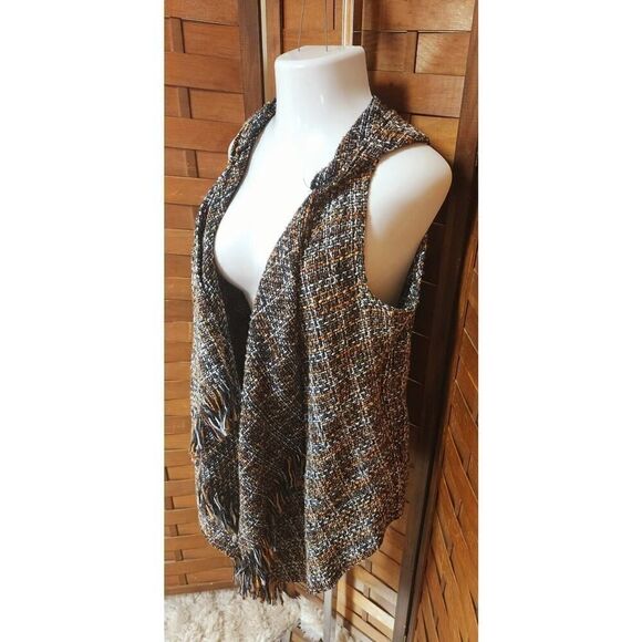 Hyfve Cardigan Sz Large Brown Hooded Pockets Open Front Knit Fringe Autumn Wear - Picture 3 of 6